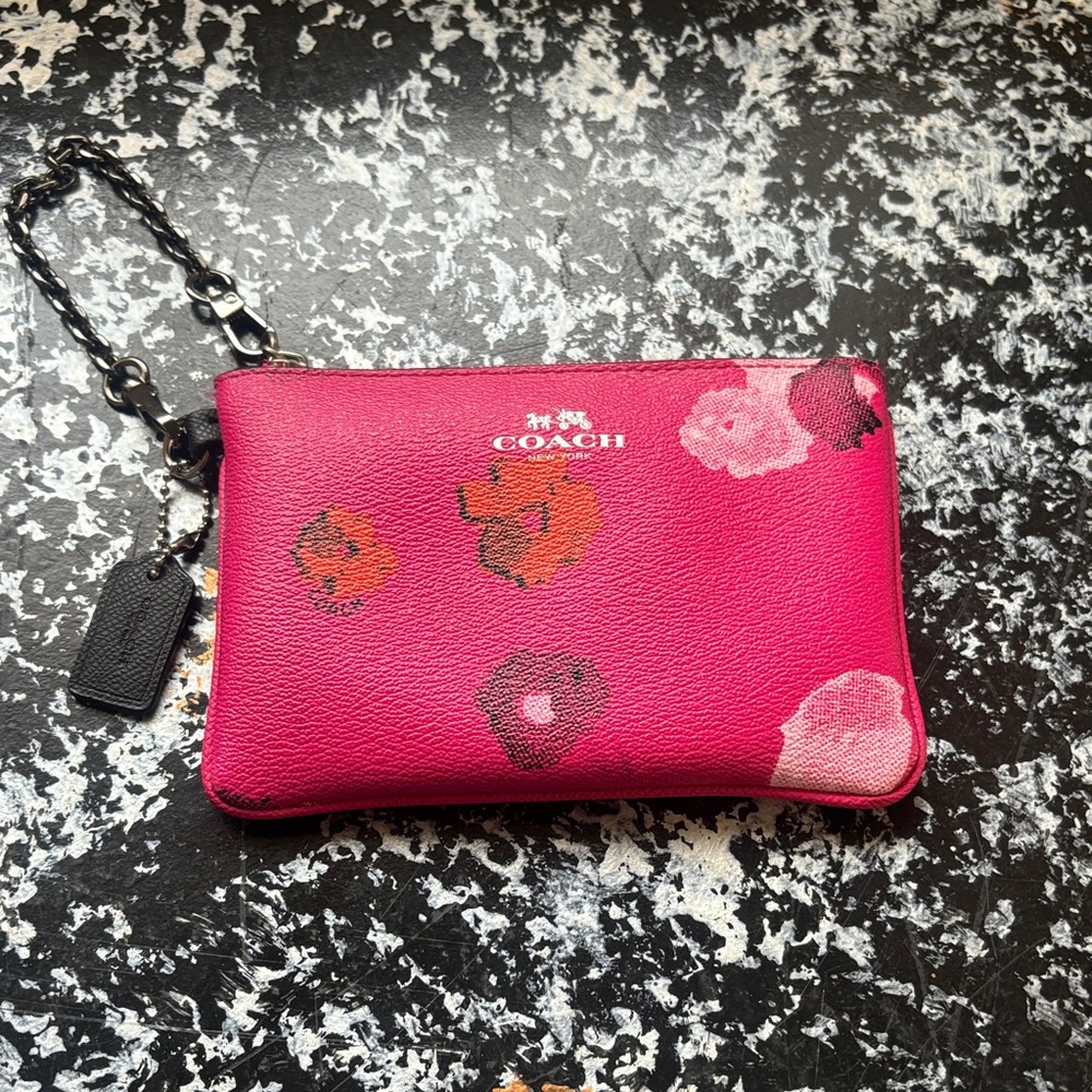 Coach Pink Floral Leather Wristlet Clutch with Chain Strap